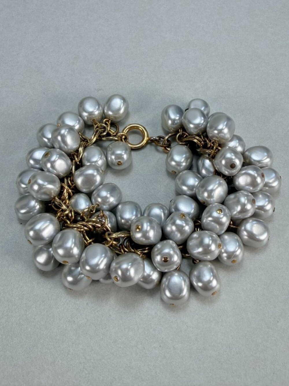 Gray Faux Pearl Cluster Bracelet Gold Tone Multi Strand Statement Bracelet